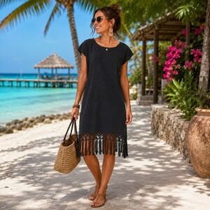 Siempre Viva Black Cotton Fringe Dress Handmade Mexico Boho Shift Womens Large